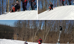 montage of 3 photos showing instructor tethering behind a ski bike student