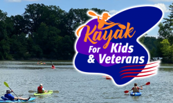 Kayak for Kids & veterans logo on photo of kayakers